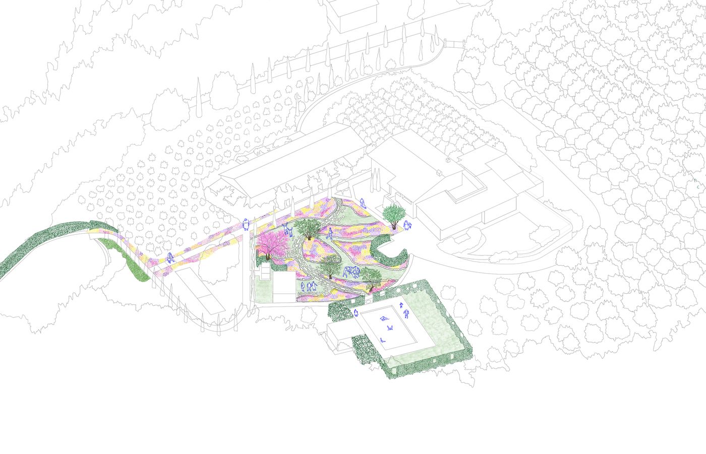 La visione d'insieme: il nuovo giardino tra la tenuta e le colline di Todi.