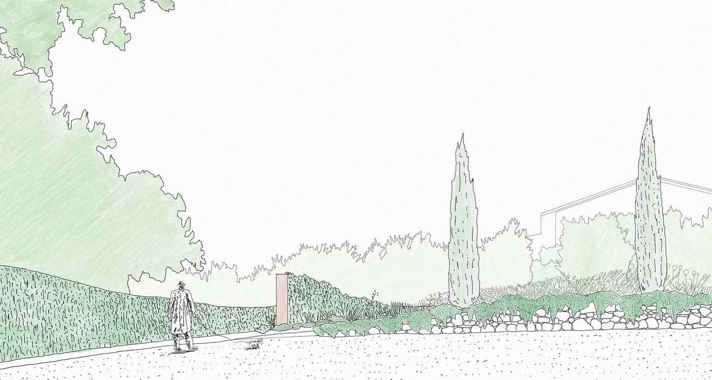 Disegno a mano di un percorso d'ingresso tra siepi, cipressi e fioriture