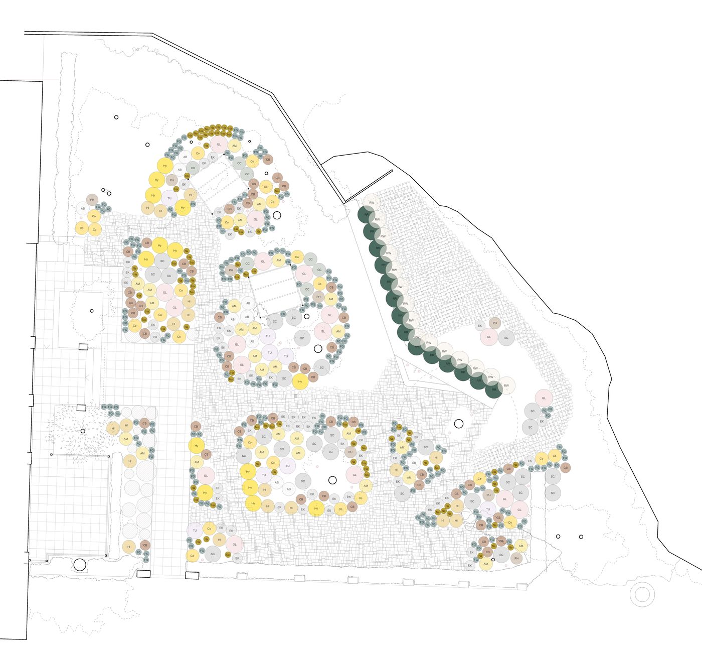Disegno a colori delle aiuole di un giardino, con le essenze indicate una per una