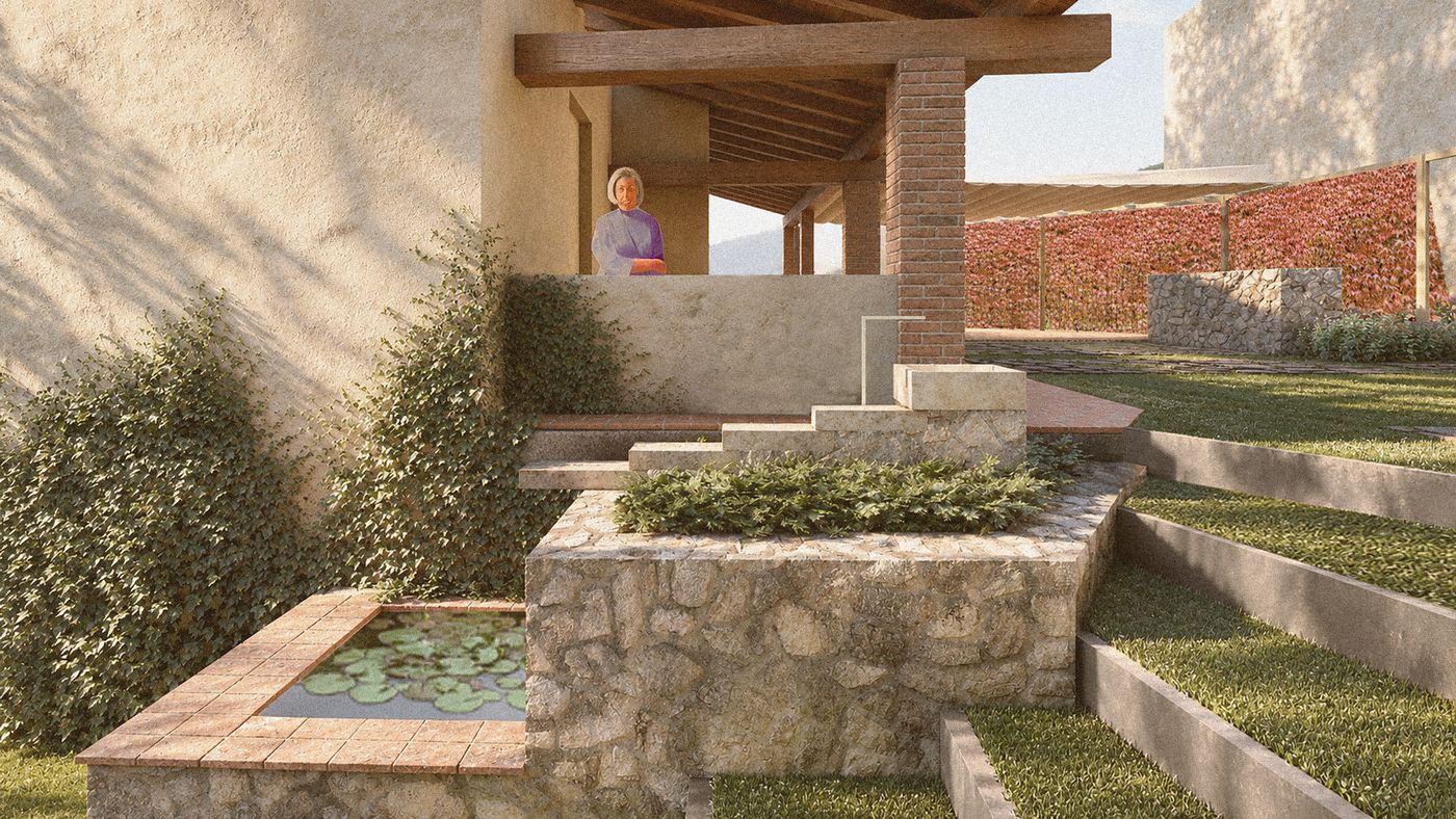 La fontana sui terrazzamenti: pietra calcarea locale, acqua, essenze.