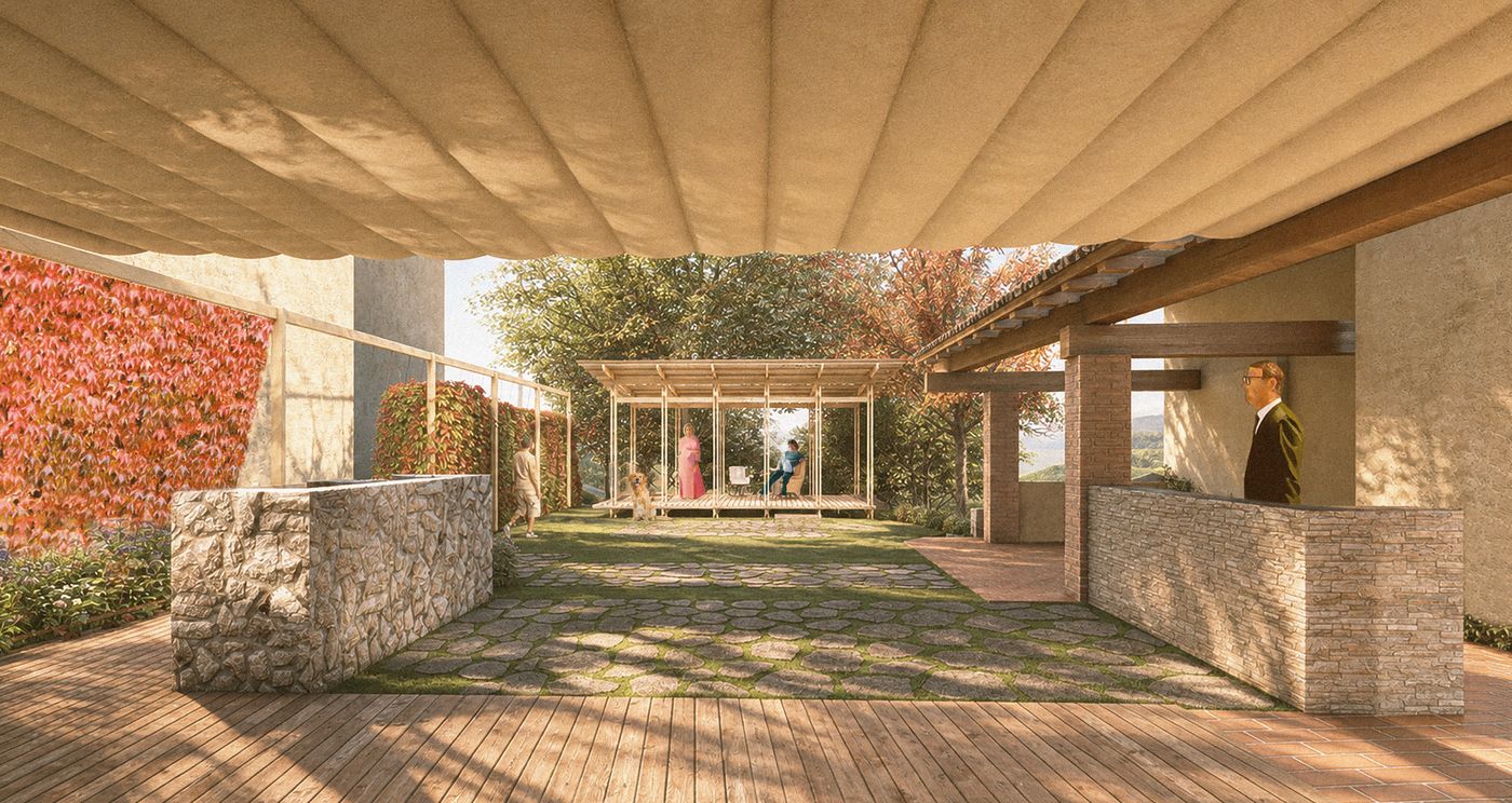 Dalla pergola d'ingresso, lo sguardo attraversa il giardino fino al padiglione del tè.
