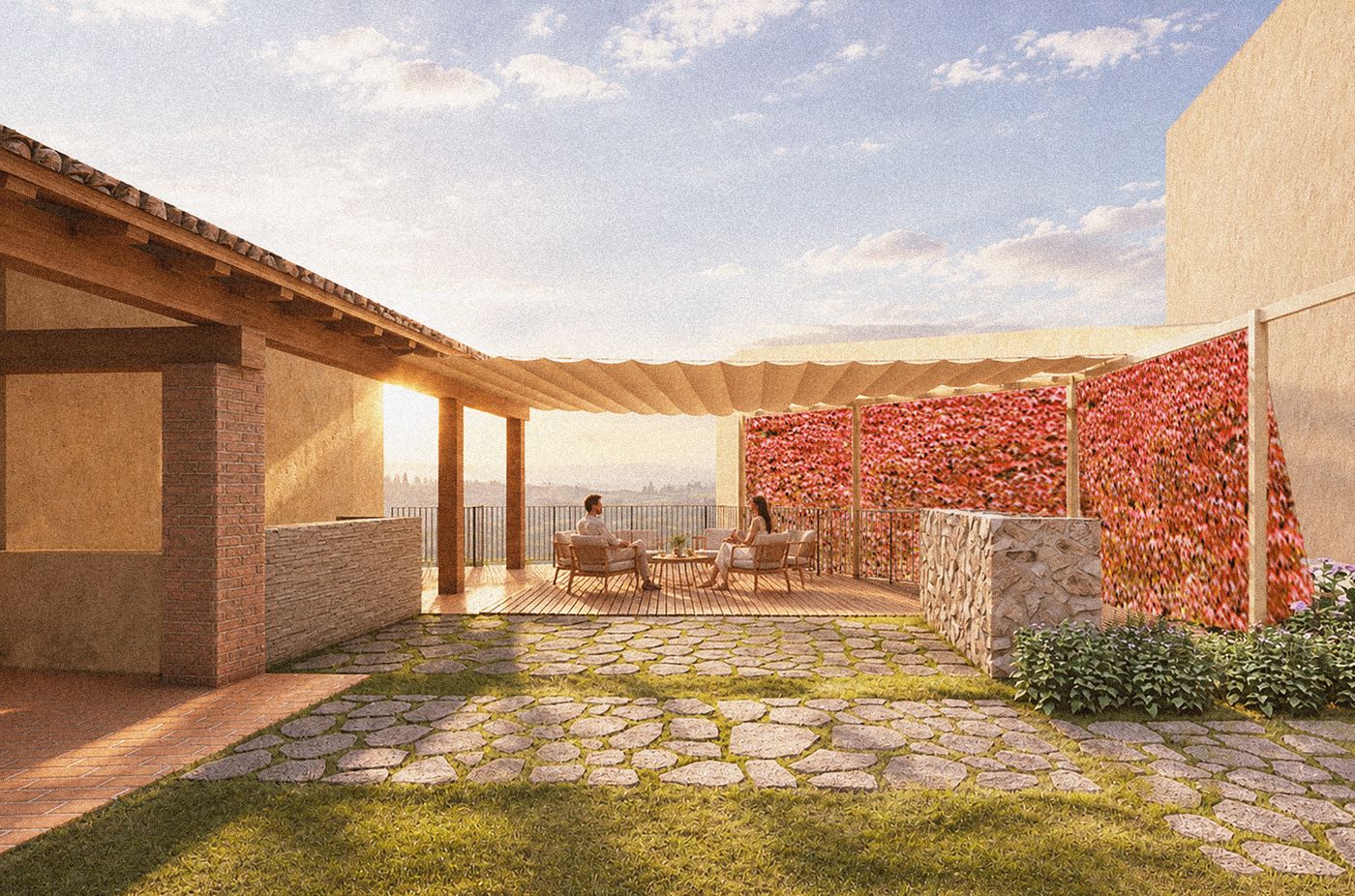 Una terrazza al tramonto con ospiti seduti sotto una tenda leggera