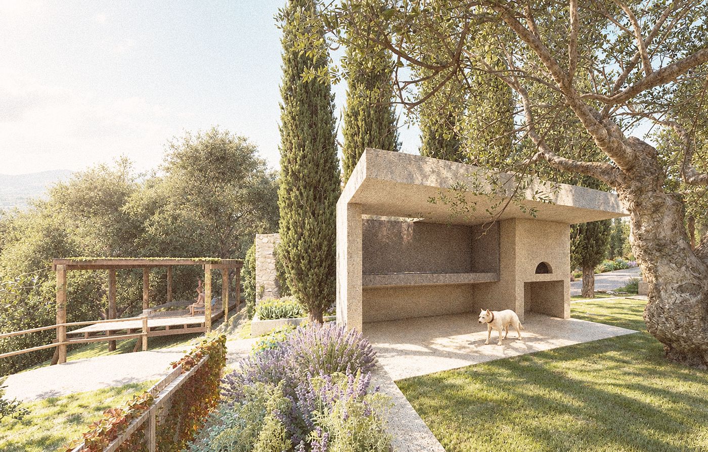 Il forno all'aperto, tra cipressi, ulivi e lavanda.