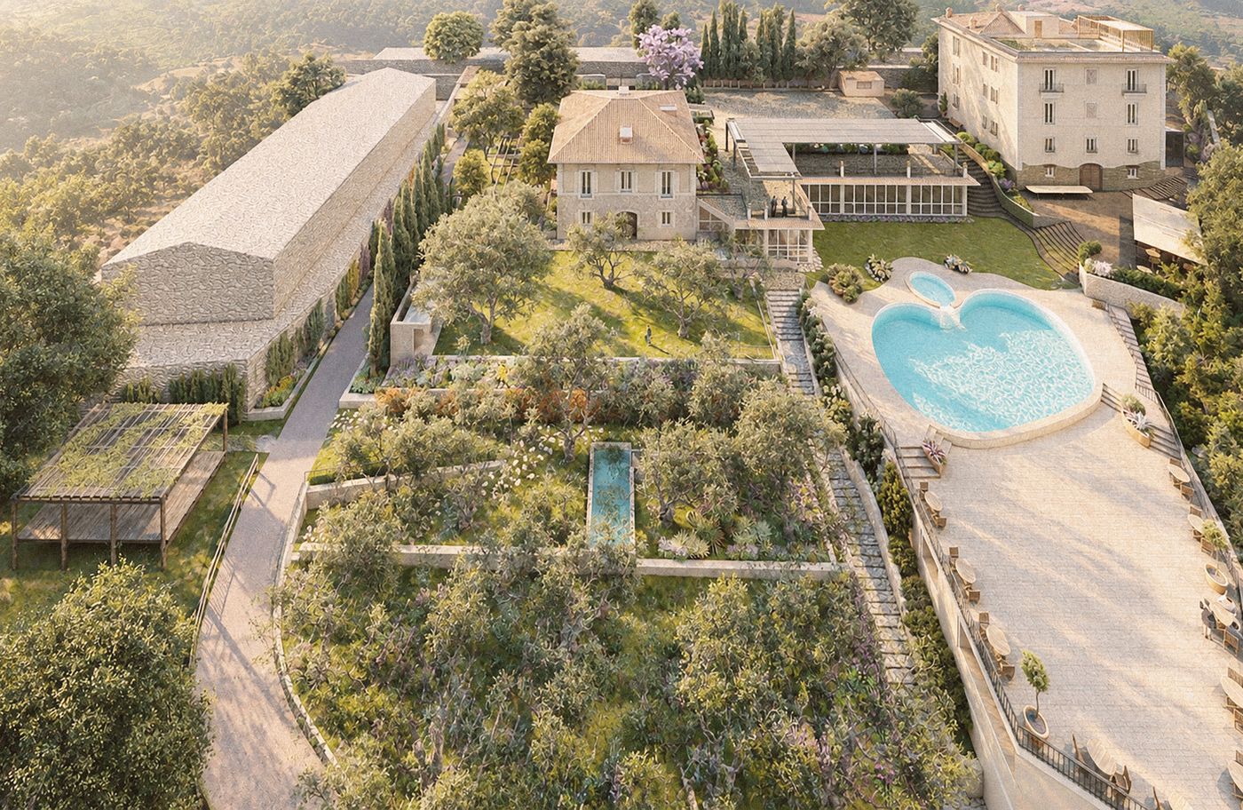 Giardini a terrazze tra una villa storica e il paesaggio